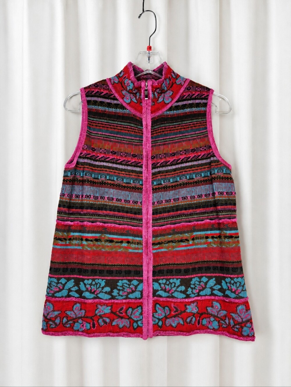 Coldwater Creek 90s Multicolor Floral Geometric Knit Terry Trim Zip Front Vest